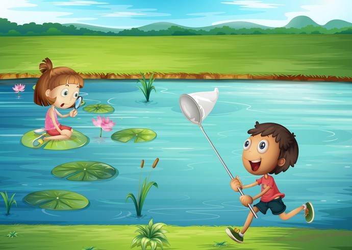 Niño y niña jugando en el estanque vector
