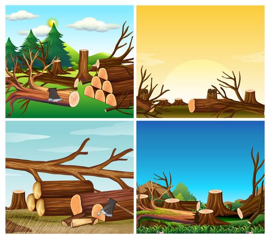 Cuatro escenas de deforestación. vector