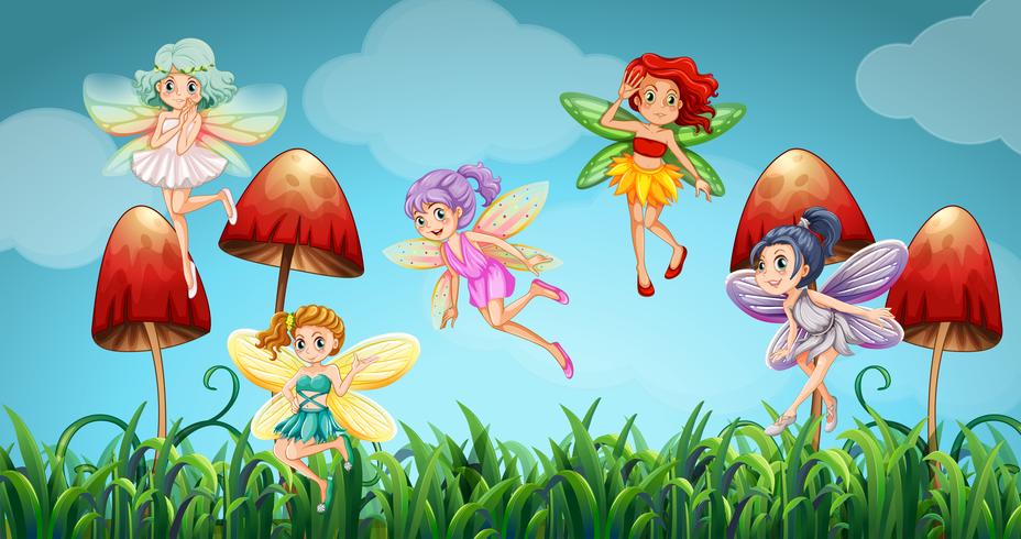 Fairies flying in the mushroom garden vector