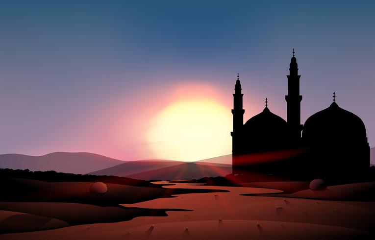 Escena de la naturaleza con la mezquita durante el atardecer vector