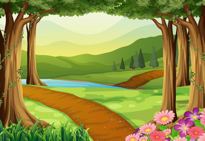 Escena de la naturaleza con río y bosque vector