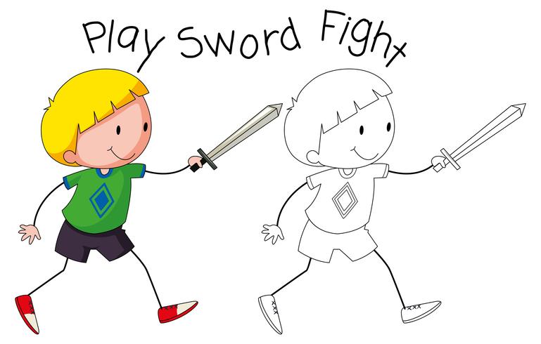 Doodle boy play sword fight vector