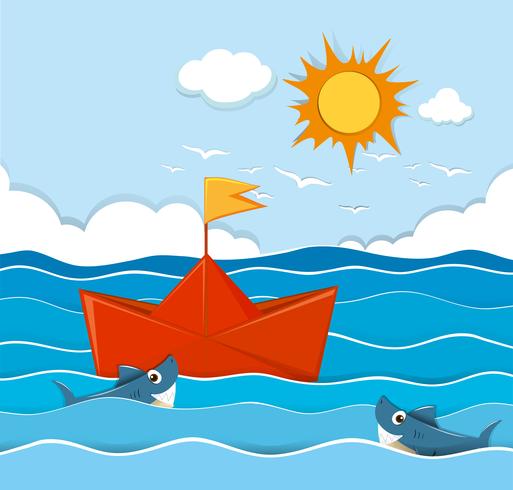 Orange paperboat floating in the ocean vector