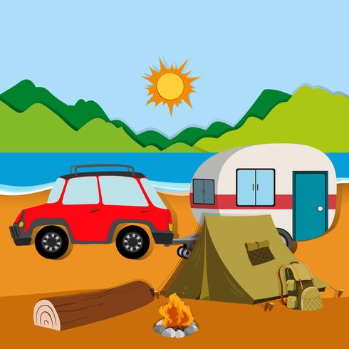 Cameground con carpa y caravana. vector