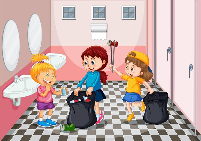 Niños recogiendo basura en el baño. vector