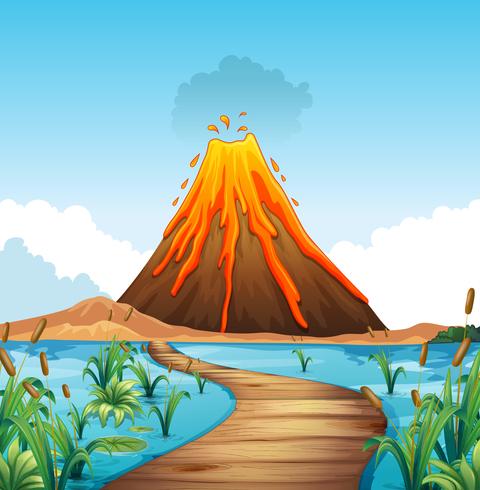 Escena de la naturaleza con erupción del volcán junto al lago. vector