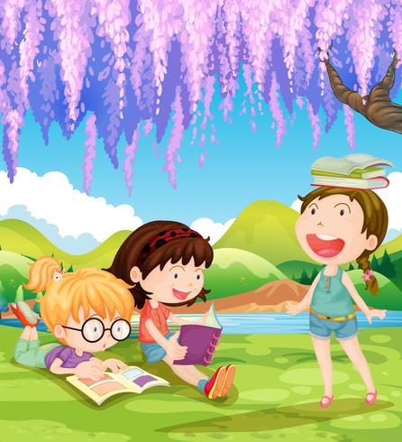 Niños leyendo libros bajo el árbol. vector