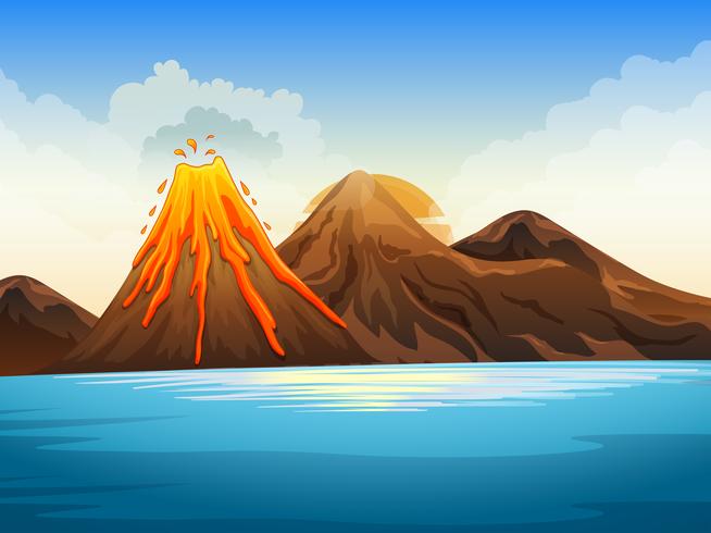 Volcano eruption by the lake vector