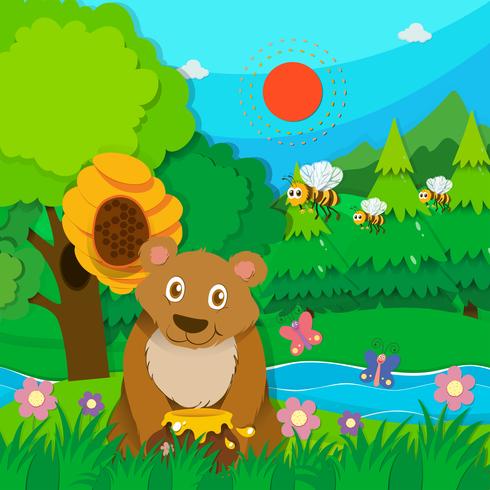 Bear and bees in the forest vector