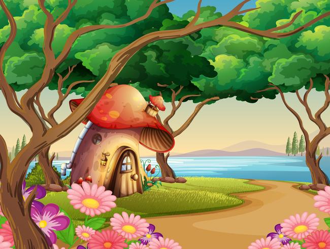 Mushroom house by the lake vector