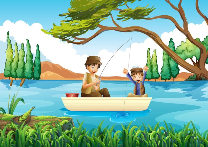 Padre e hijo pescando en el lago vector