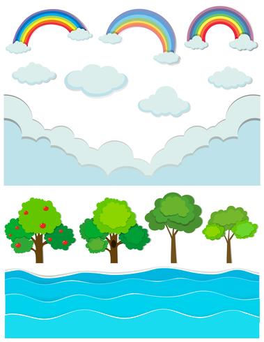 Escena de la naturaleza con arcoiris y rio vector