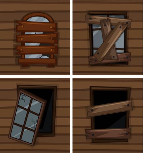 Broken windows on wooden wall vector