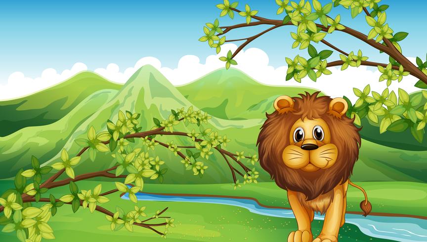 The mountain view with a lion and a river vector