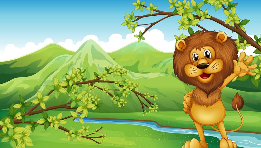 A lion in front of the river and the high mountains vector