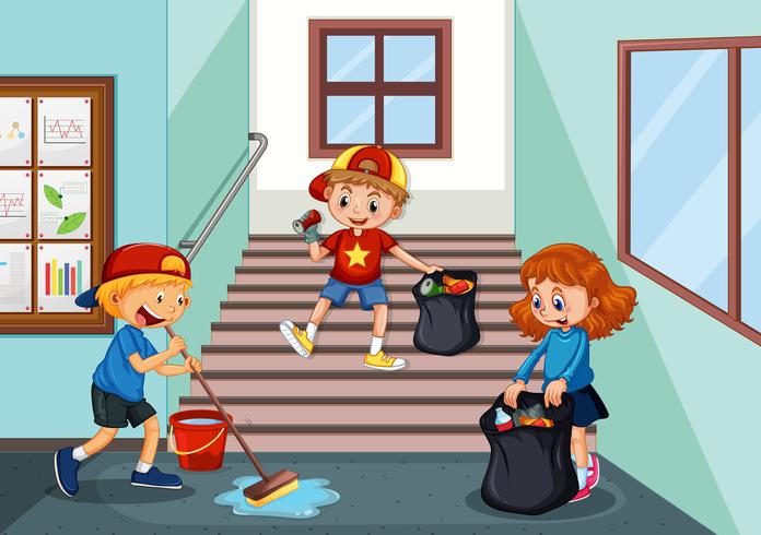 Children cleaning school hallway vector