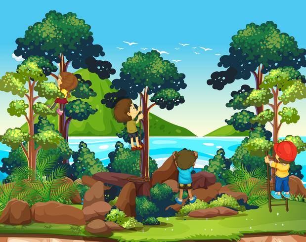 Children climbing up the tree vector