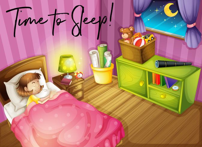 Girl in bed and words time to sleep vector