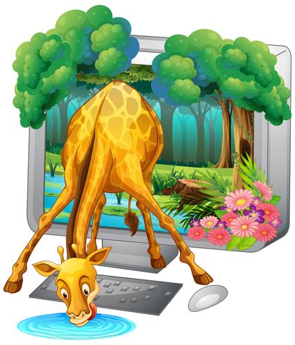 Computer screen with giraffe drinking water vector