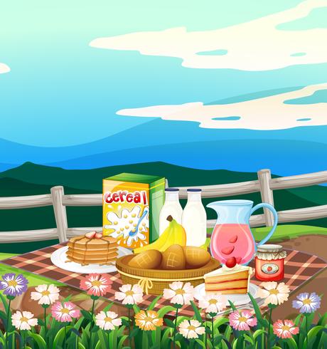 Scene with breakfast set on picnic cloth vector