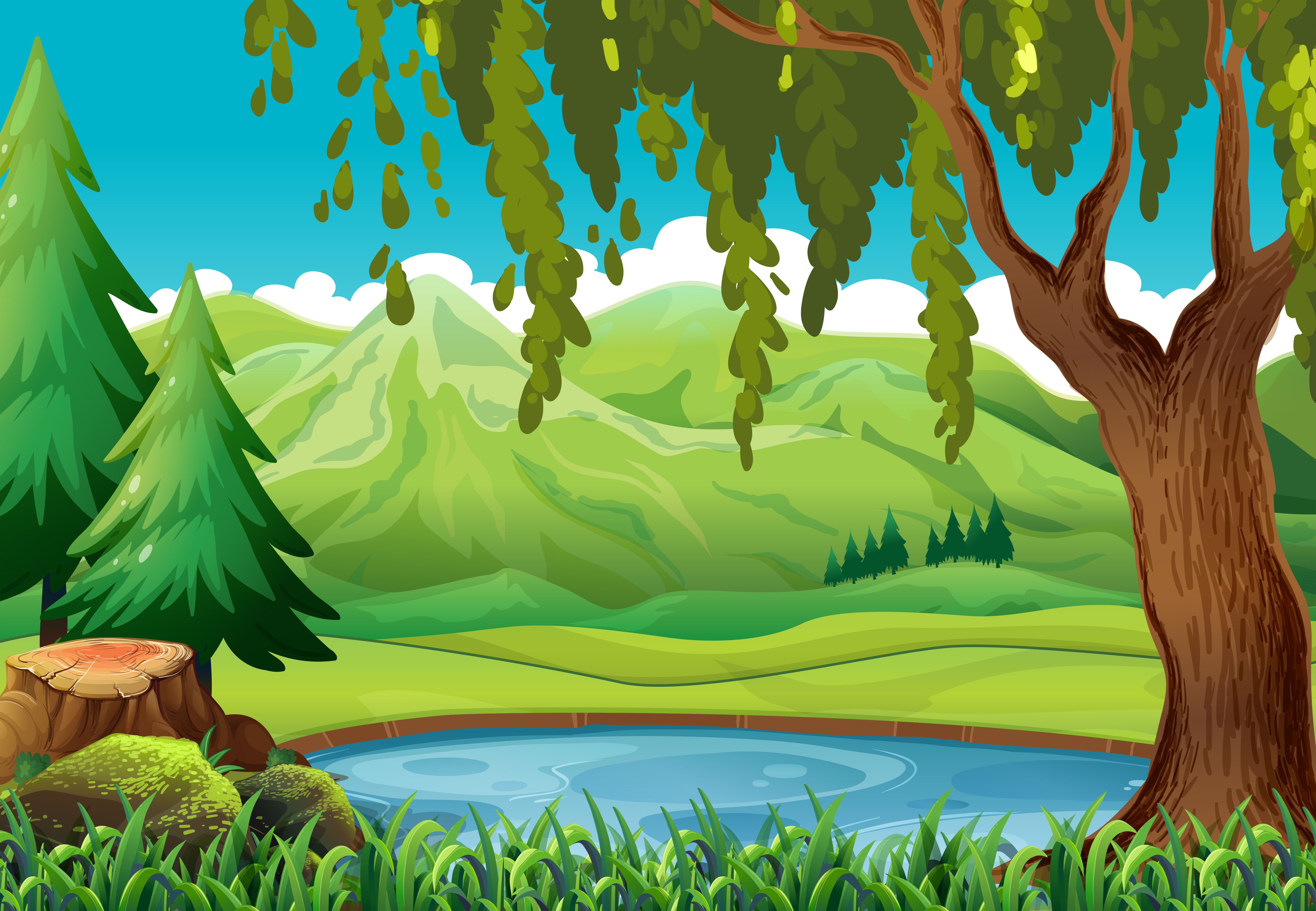 Scene with mountains and pond 519443 Vector Art at Vecteezy