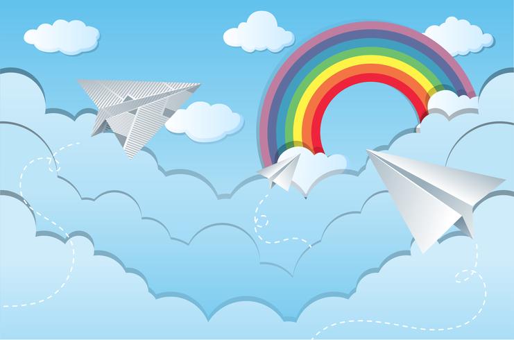 Escena del cielo con aviones de papel. vector