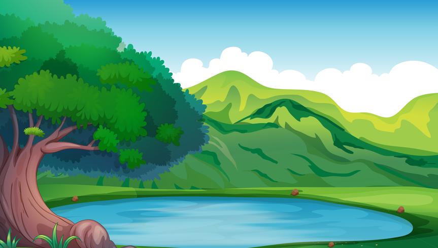 Background scene with pond in the mountain vector