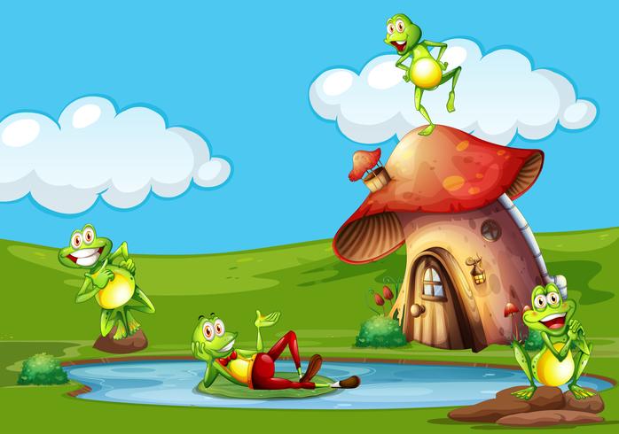 Scene with frogs in the pond vector