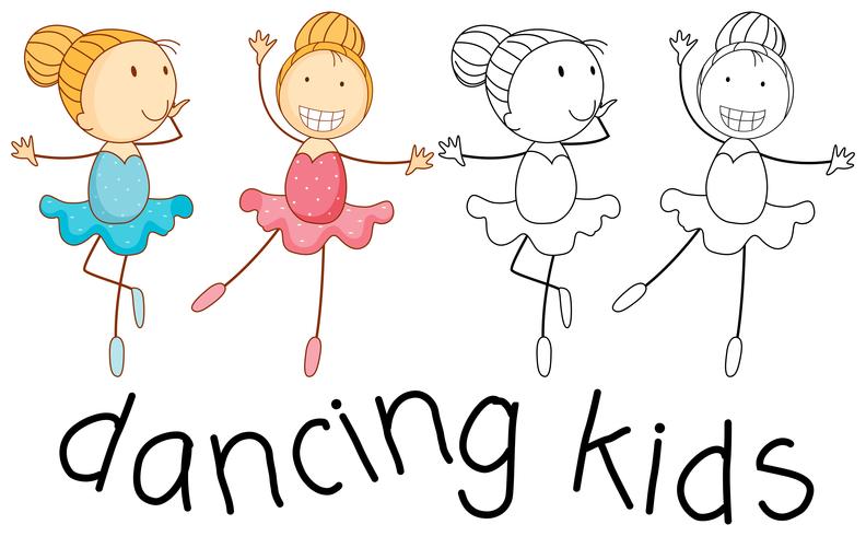 Niños bailando ballet en color y contorno. vector