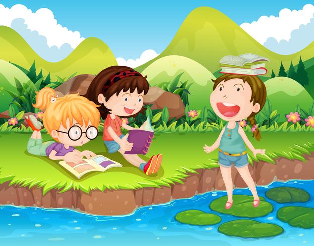 Tres niñas leyendo libros junto al río. vector