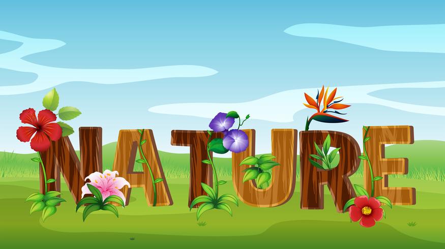 Diseño de fuente para palabra naturaleza con muchas flores. vector