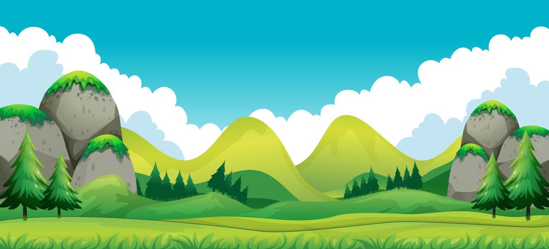 Escena de campo verde con fondo de montañas vector