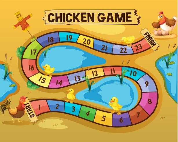 Plantilla de juego de mesa con gallinas junto al estanque. vector