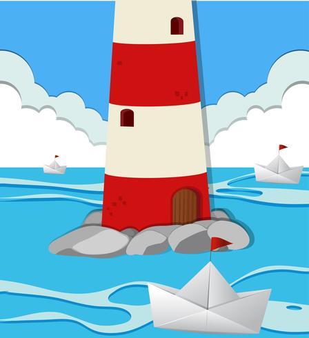 Escena del océano con faro y barcos de papel vector