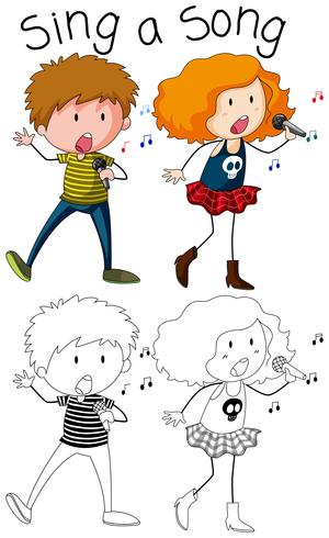 Doodle boy and girl singer character vector