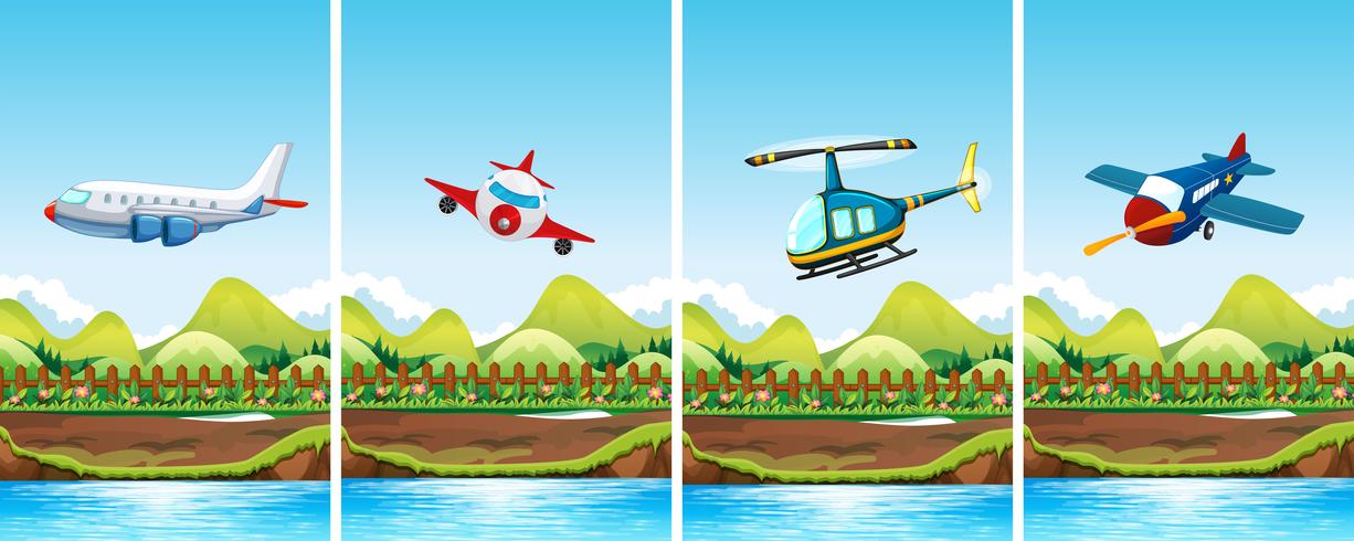 Four scenes of airplanes flying vector