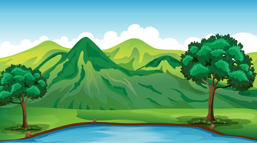 Escena de fondo con montaña verde y estanque vector