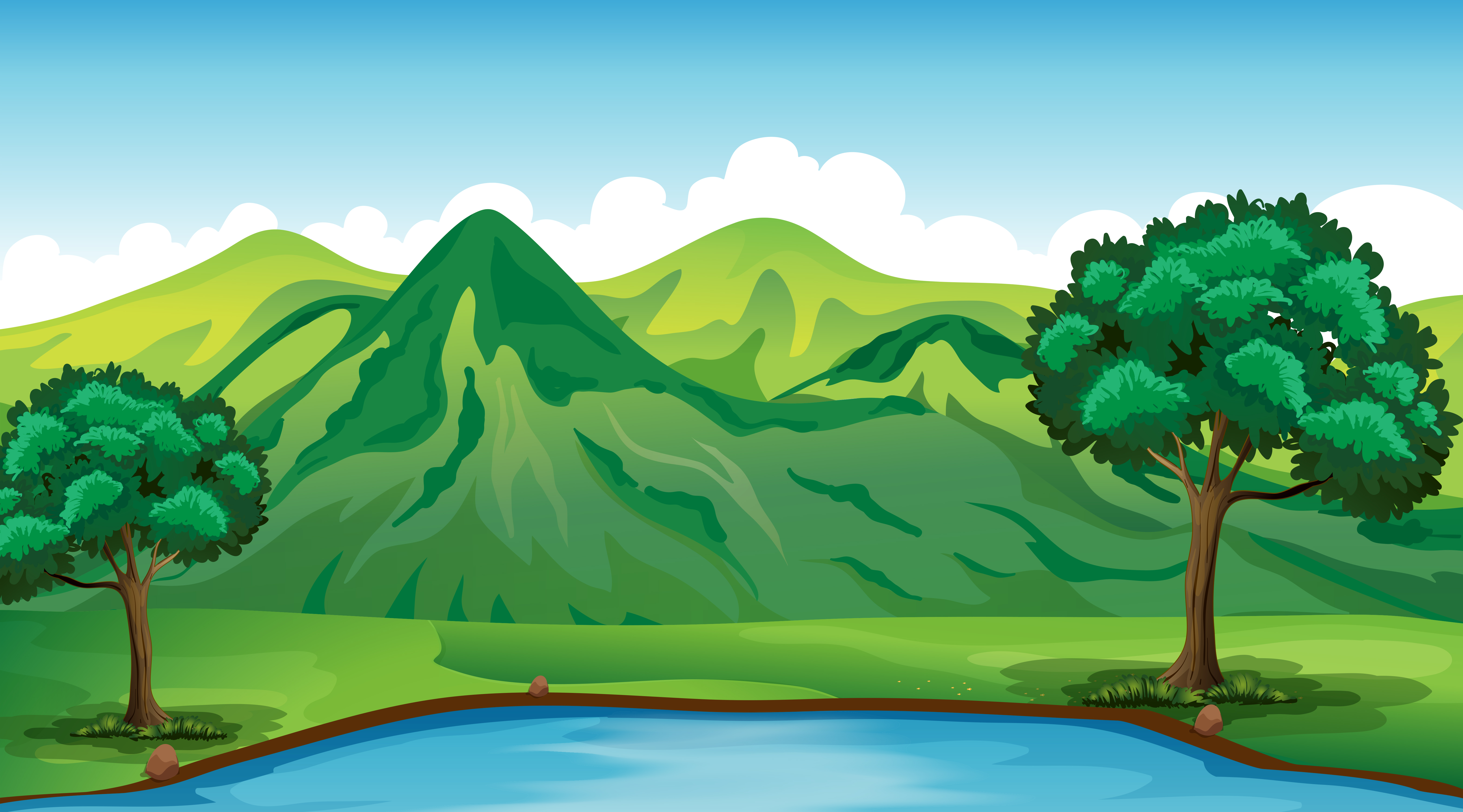 Background scene with green mountain and pond 519687 Vector Art at Vecteezy