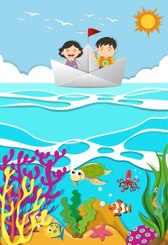 Kids rowing on paper boat vector