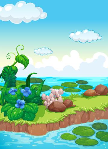 Scene with flowers and mushroom on island vector