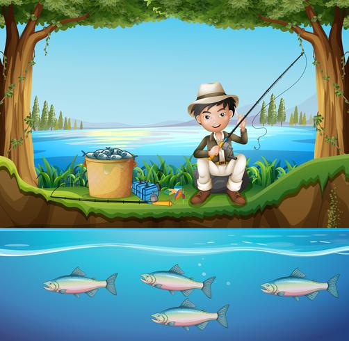 Hombre pescando en el rio vector