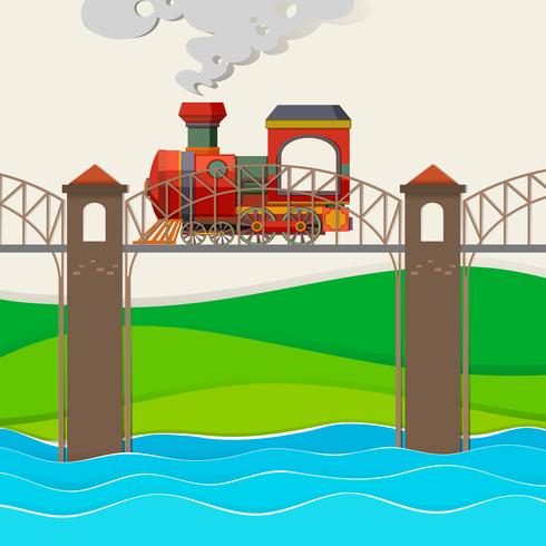 Train riding over the bridge vector