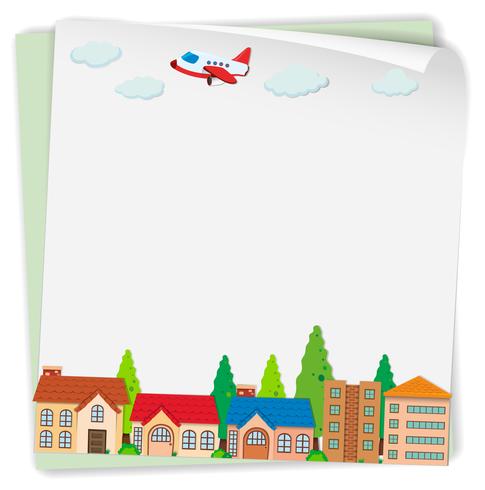 Diseño de papel con avión y casas. vector