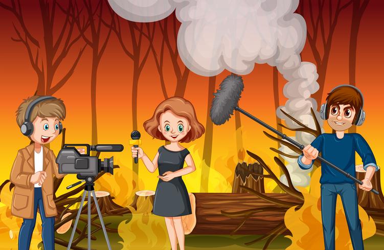 Periodista reporta noticias de incendios forestales vector