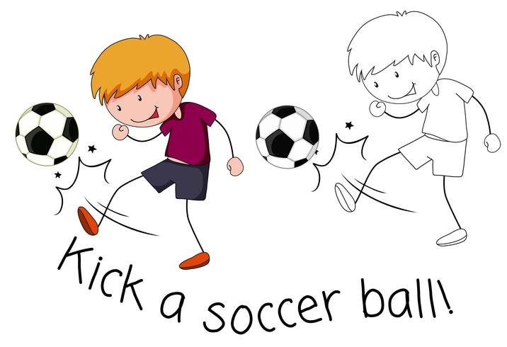 Doodle chico patea un balón de fútbol vector