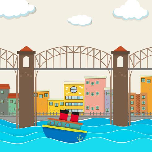 Vista de la ciudad con puente y barco. vector