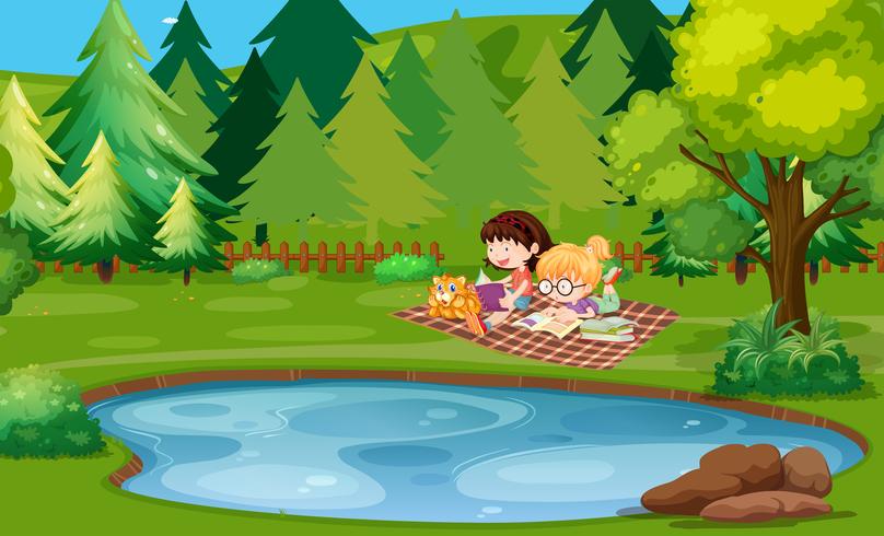 Two girls reading book by the pond vector