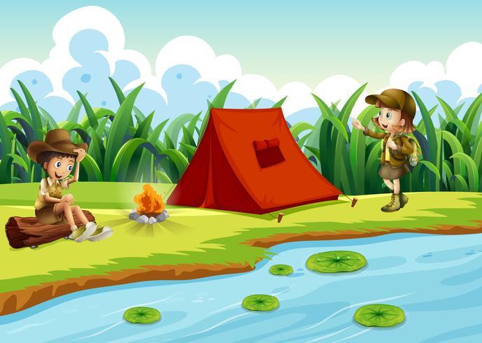 Kids camping by the water with a tent vector