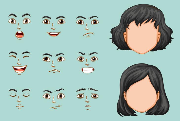 Mujer sin rostro con diferentes expresiones. vector