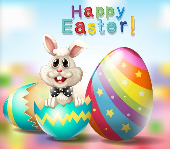 Happy Easter poster with bunny and rainbow eggs vector